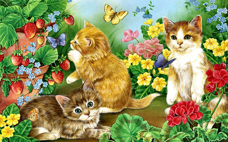 Three Kittens in Garden — Green, Peaceful, Spring, Illustration