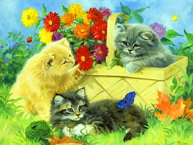 Three Kittens in Garden — Green, Peaceful, Spring
