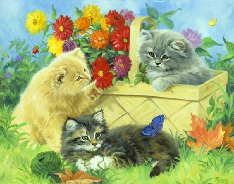 Three Kittens in Garden — Green, Peaceful