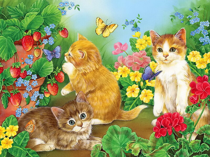 Three Kittens in Garden — Green, Serene