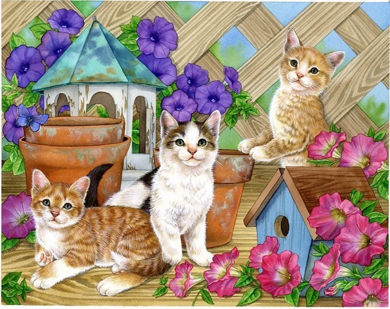 Three Kittens in Garden — Purple