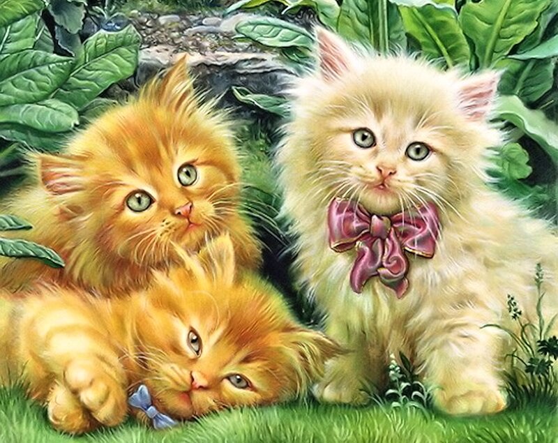 Three Kittens in Grass — Green, Peaceful, Afternoon, Illustration