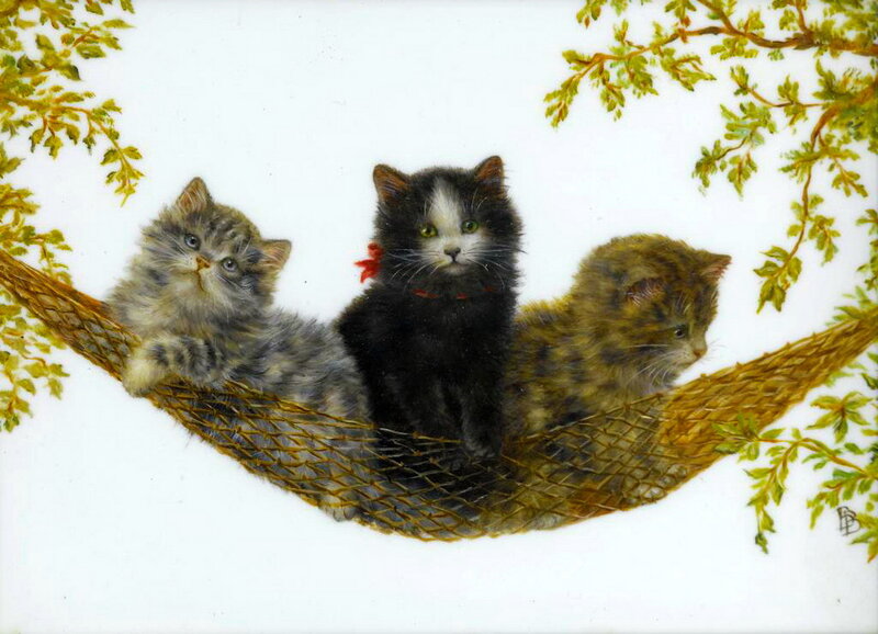 Three Kittens in Hammock — White