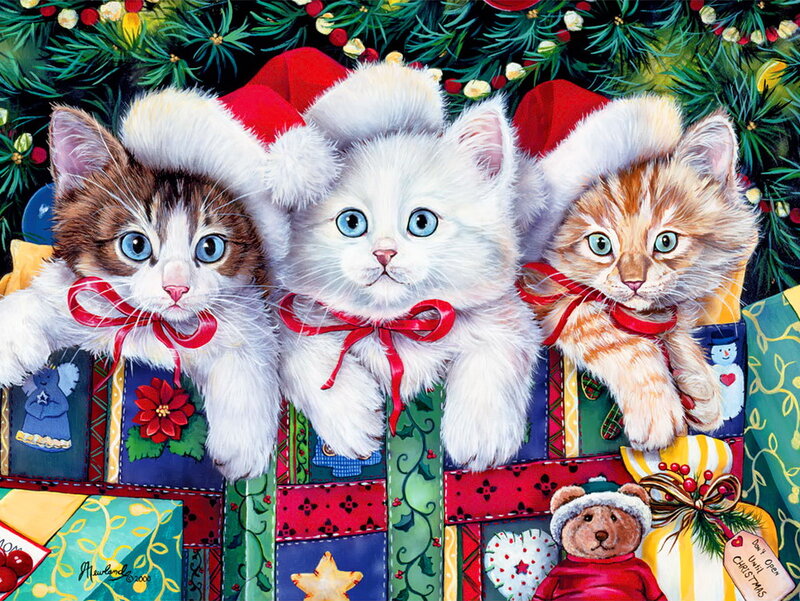 Three Kittens in Hats — Green, Festive