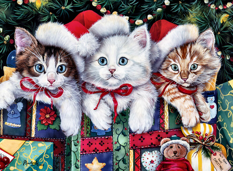 Three Kittens in Hats — Green
