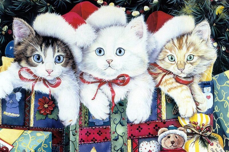 Three Kittens in Hats — White, Festive