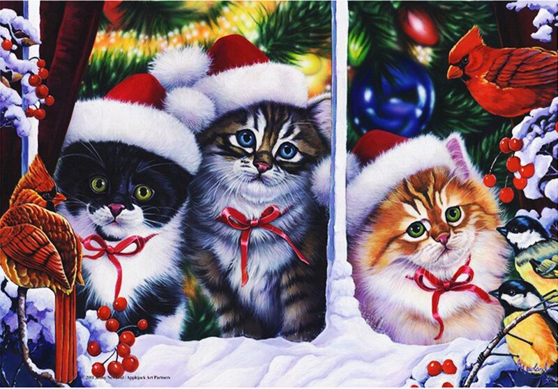 Three Kittens in Hats — White, Festive, Winter, Illustration