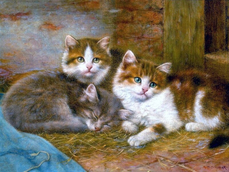 Three Kittens in Hay — Brown, Calm, Painting