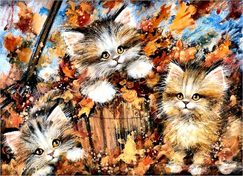 Three Kittens in Leaves