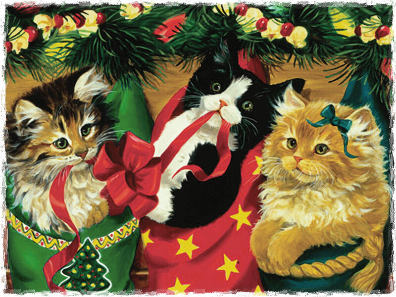 Three Kittens in Stockings — Green