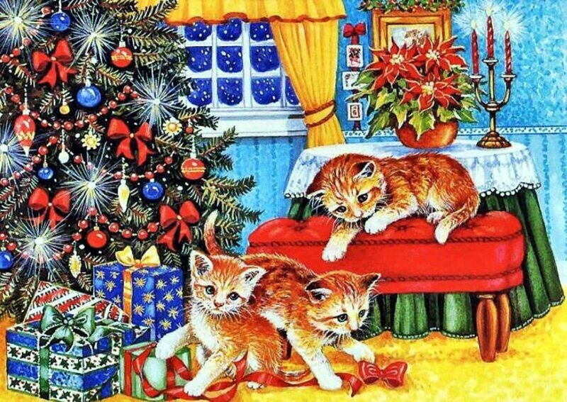 Three Kittens Near Christmas Tree — Red