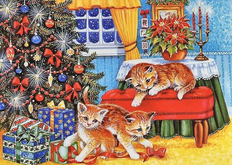 Three Kittens Near Christmas Tree
