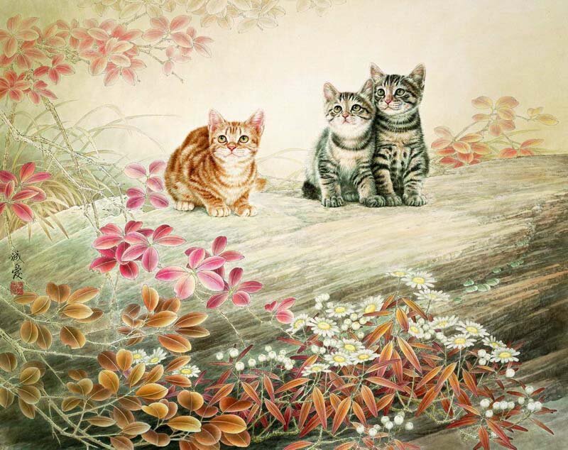 Three Kittens on a Log — Pink