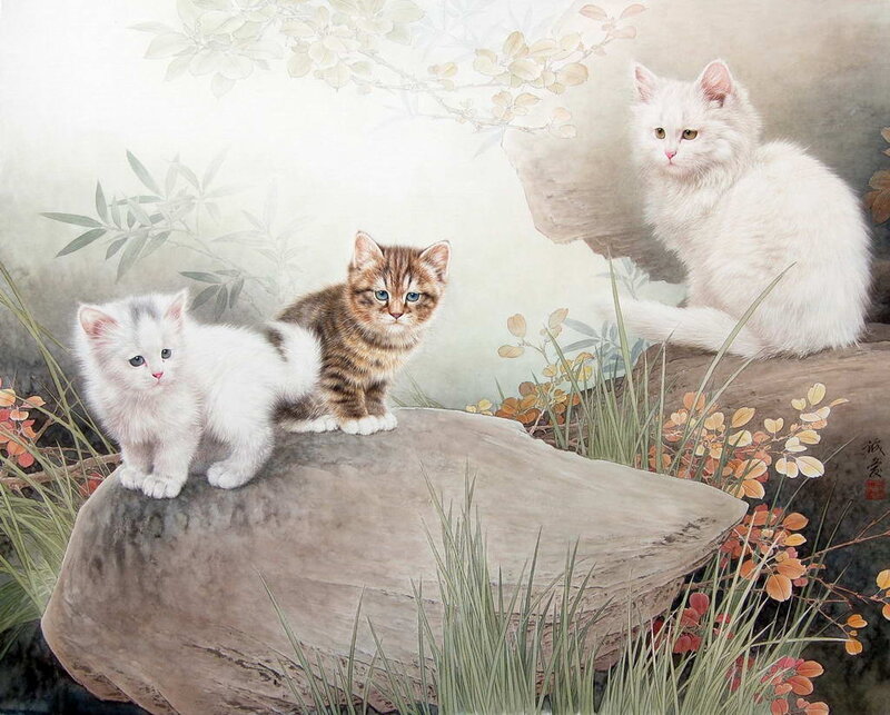 Three Kittens on a Rock