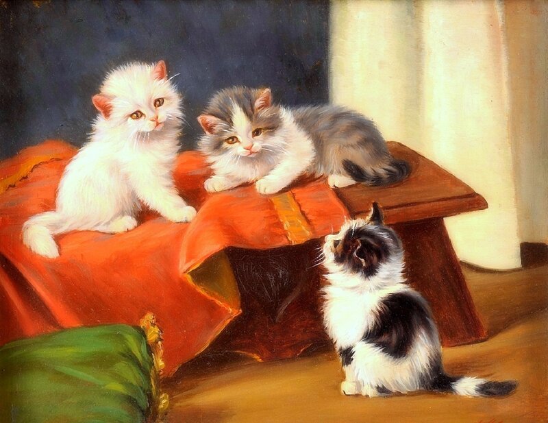 Three Kittens on Furniture — Red