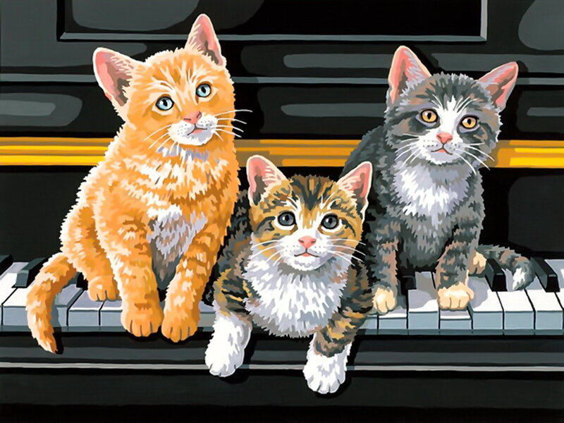 Three Kittens on Piano — Orange