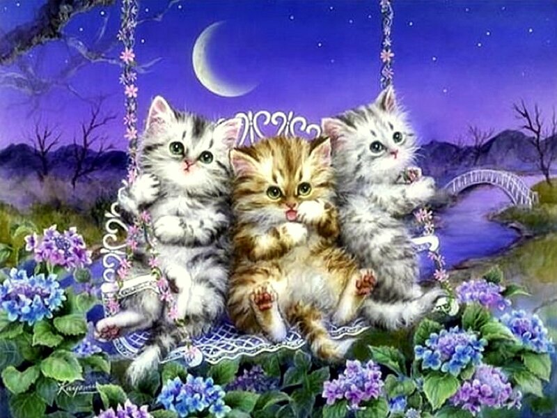 Three Kittens on Swing — Purple