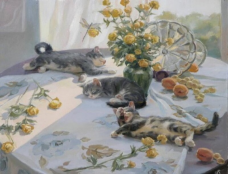 Three Kittens on Table — Yellow