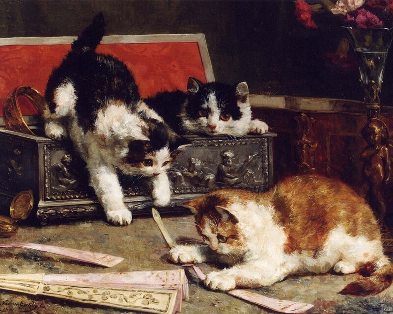 Three Kittens Playing — Brown, Curious