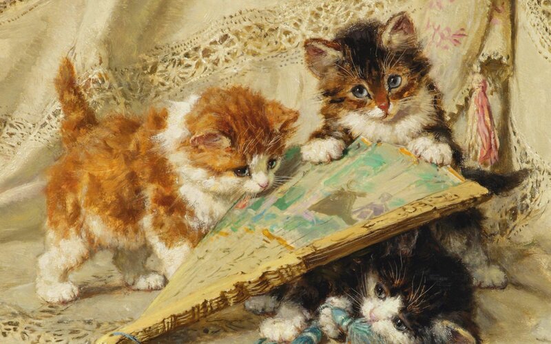 Three Kittens Playing — Brown, Playful, Painting, Book