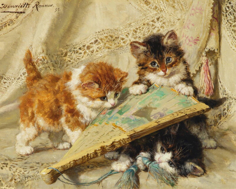 Three Kittens Playing — Brown, Playful, Painting