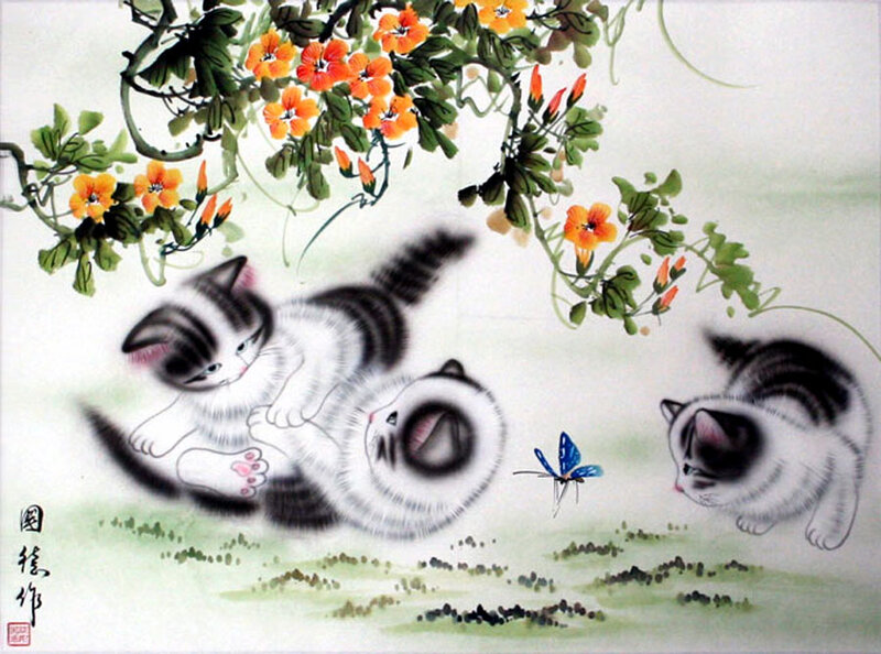 Three Kittens Playing — Green