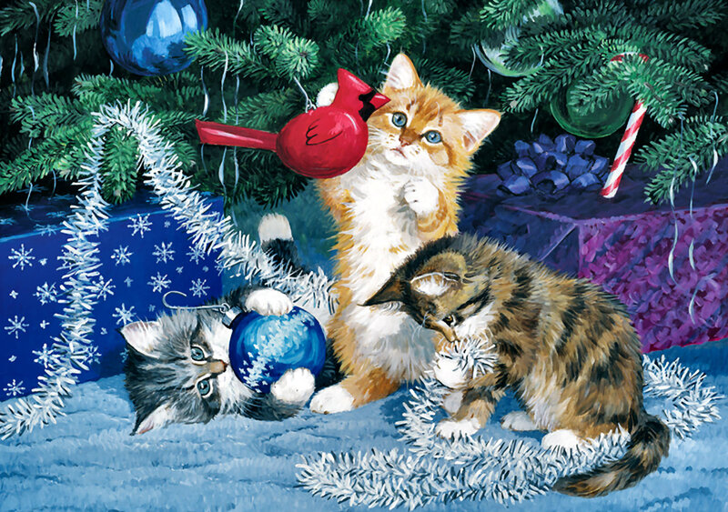 Three Kittens under Tree — Green