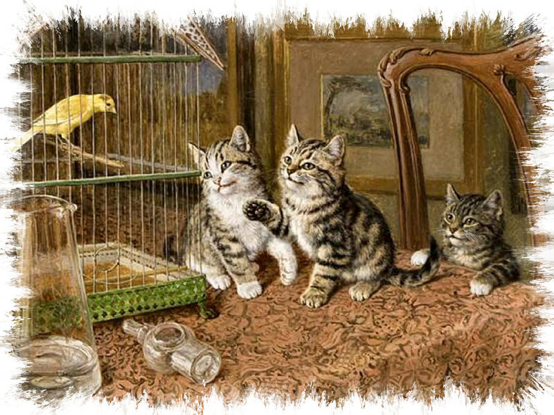 Three Kittens with Bird
