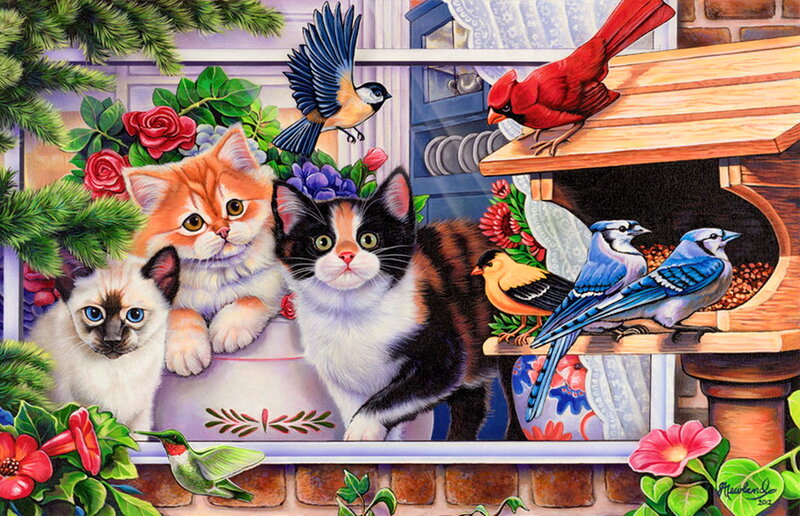 Three Kittens with Birds