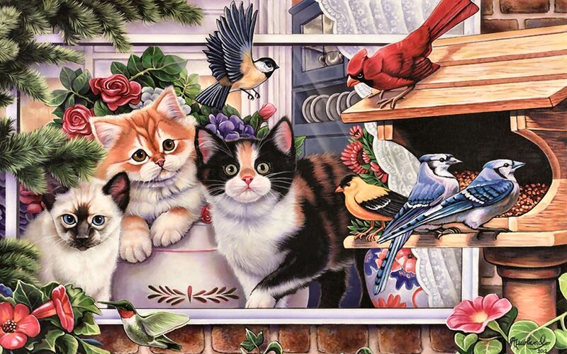 Three Kittens with Birds — White