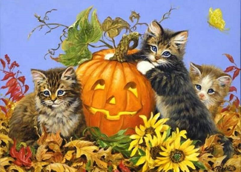 Three Kittens with Pumpkin