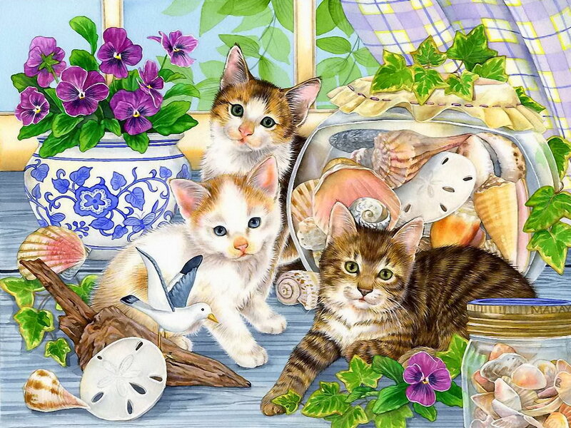 Three Kittens with Seashells — Purple, Calm