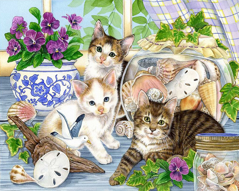 Three Kittens with Seashells — Purple