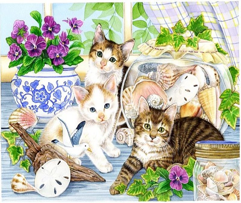 Three Kittens with Seashells