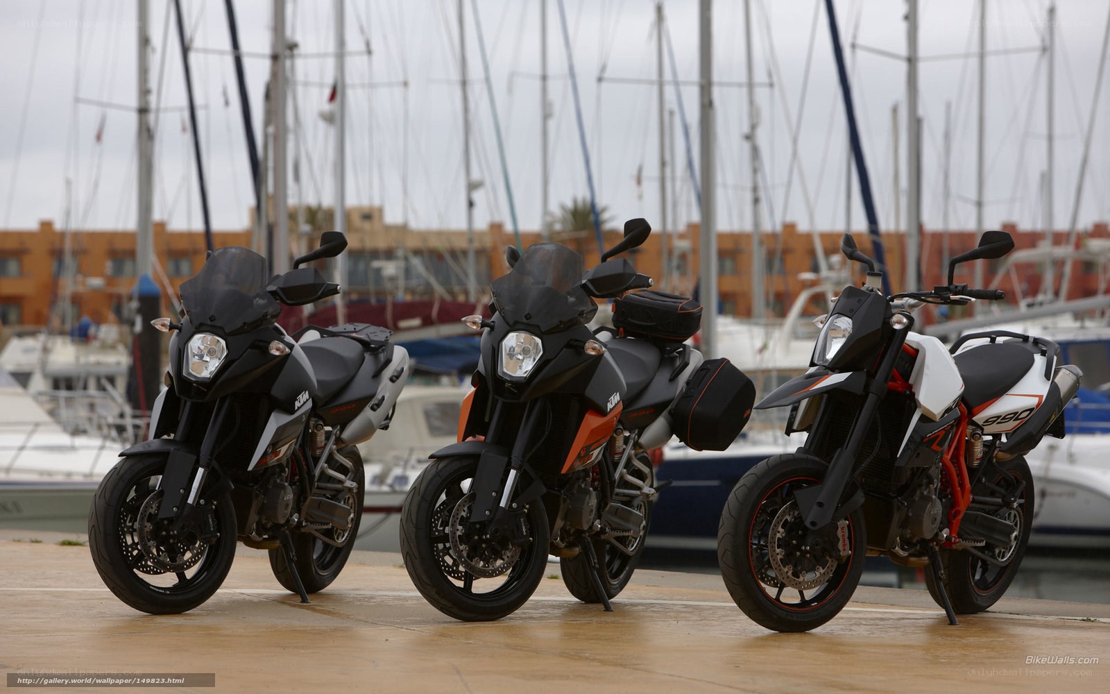 Three KTM motorcycles at marina