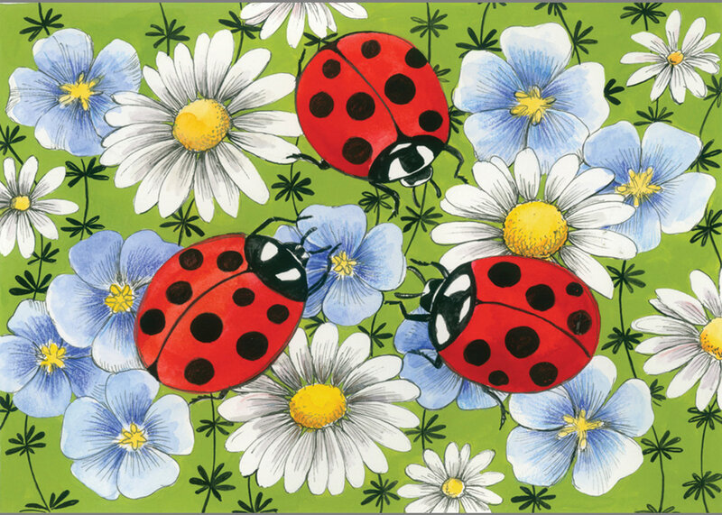 Three Ladybugs on Flowers