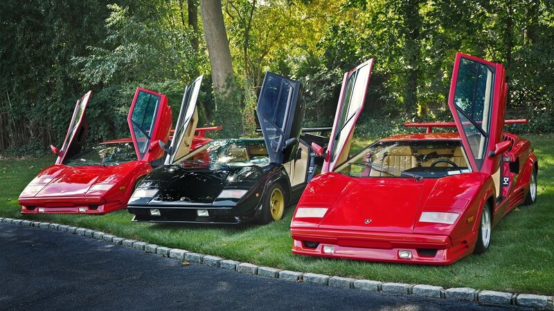 Three Lamborghini Countachs — Red, Serene, Afternoon