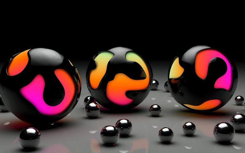 Three Large Glowing Spheres — Black, Dark