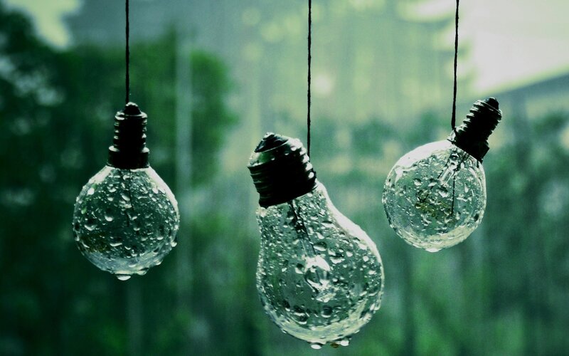Three Light Bulbs in Rain — Green, Moody, Photograph