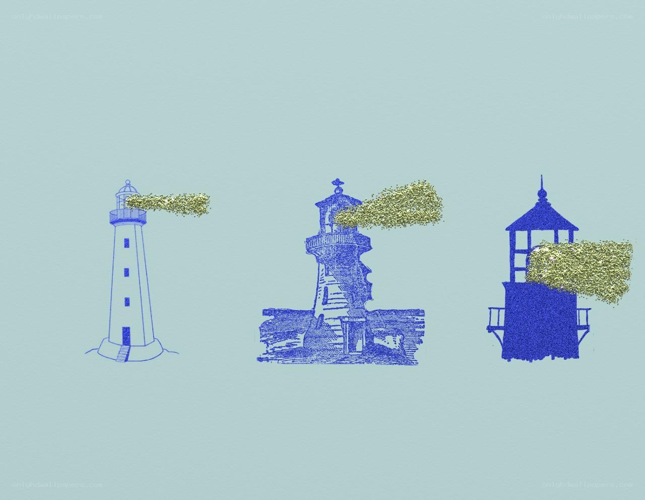 Three lighthouses with foliage
