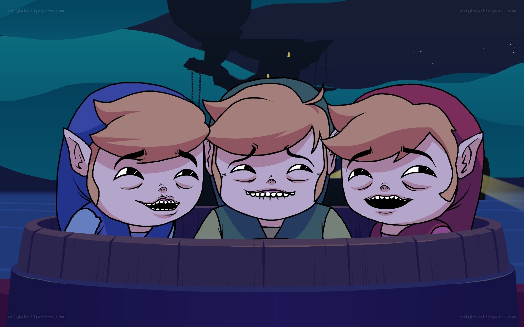 Three Link-like characters in a barrel