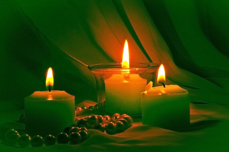 Three Lit Candles — Green, Dramatic