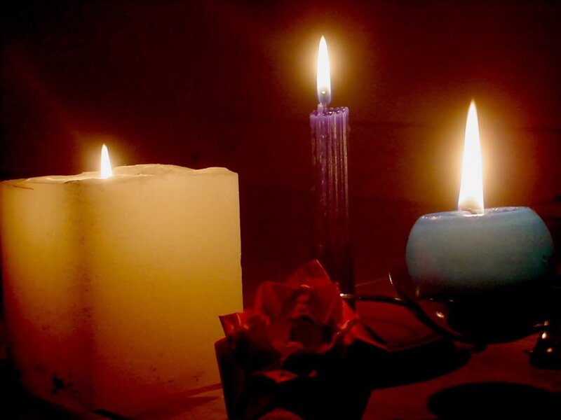 Three Lit Candles — Red, Dramatic, Night, Photograph