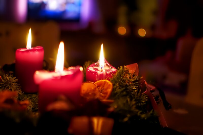 Three Lit Candles — Red, Warm, Night, Photograph