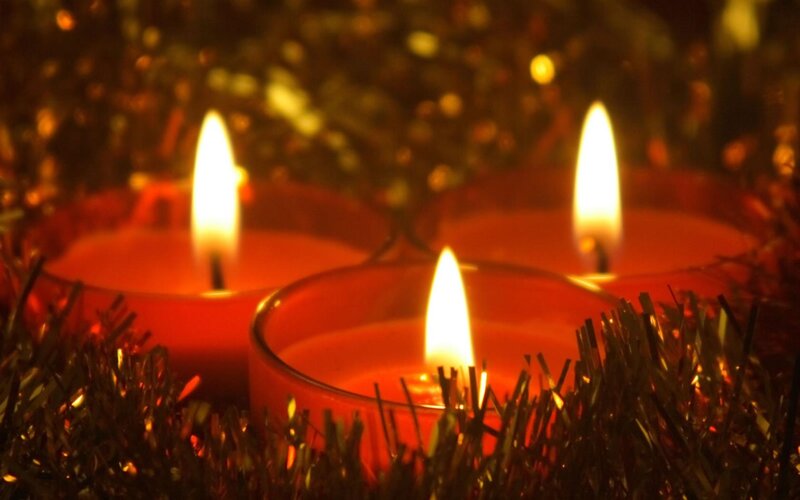Three Lit Candles — Red, Warm, Night, Photograph, Tinsel, Flame