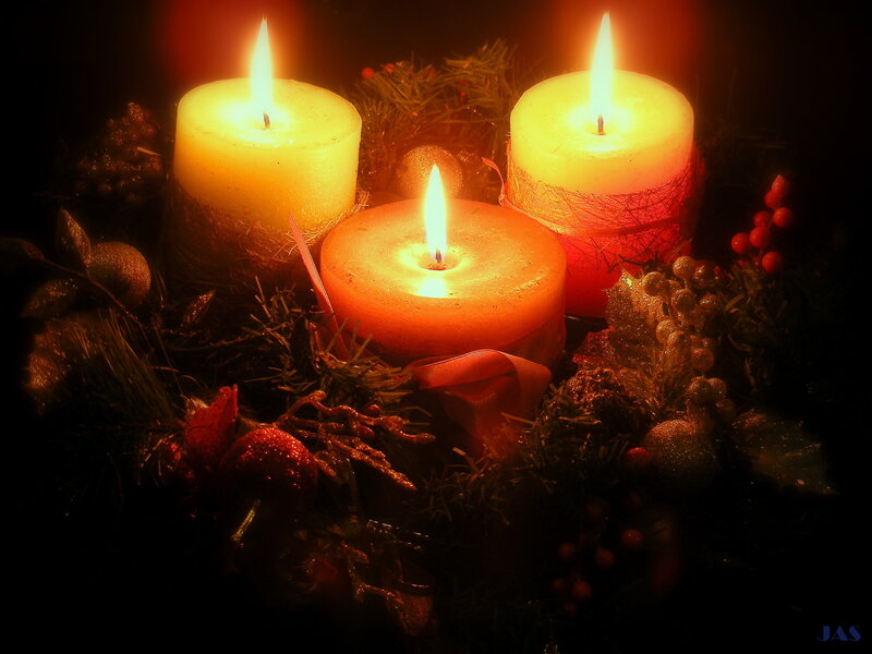Three Lit Candles — Red, Warm