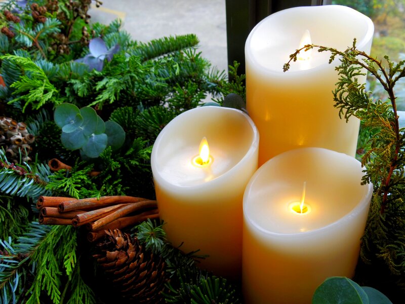 Three Lit Candles — White, Cozy