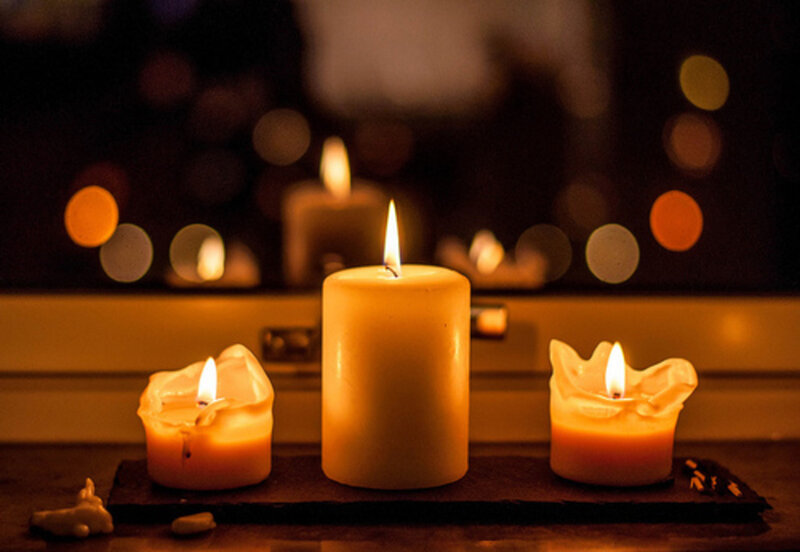 Three Lit Candles — Yellow, Calm, Night