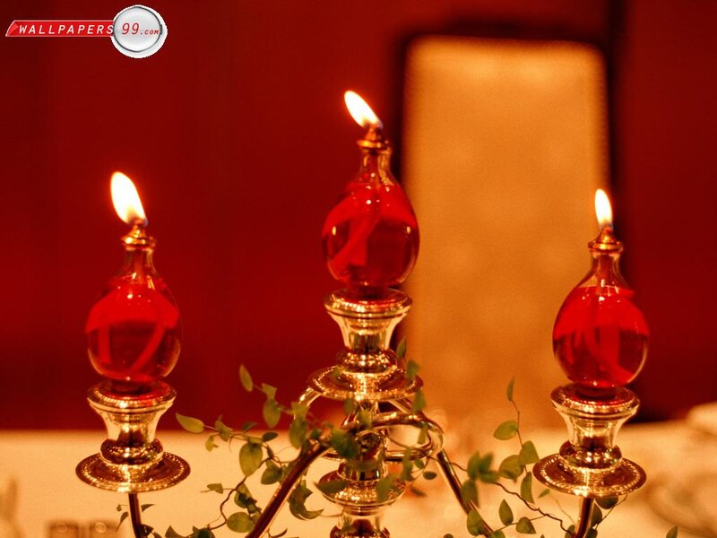 Three Lit Oil Lamps — Red