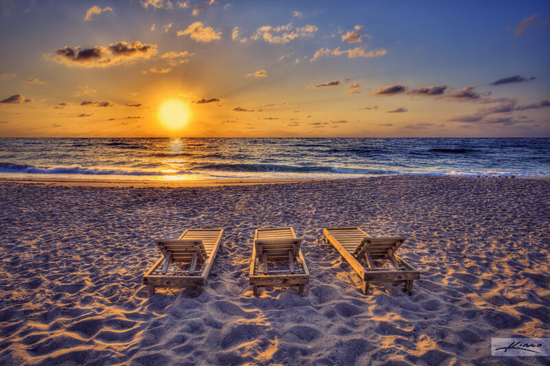 Three Lounge Chairs on Beach — Blue